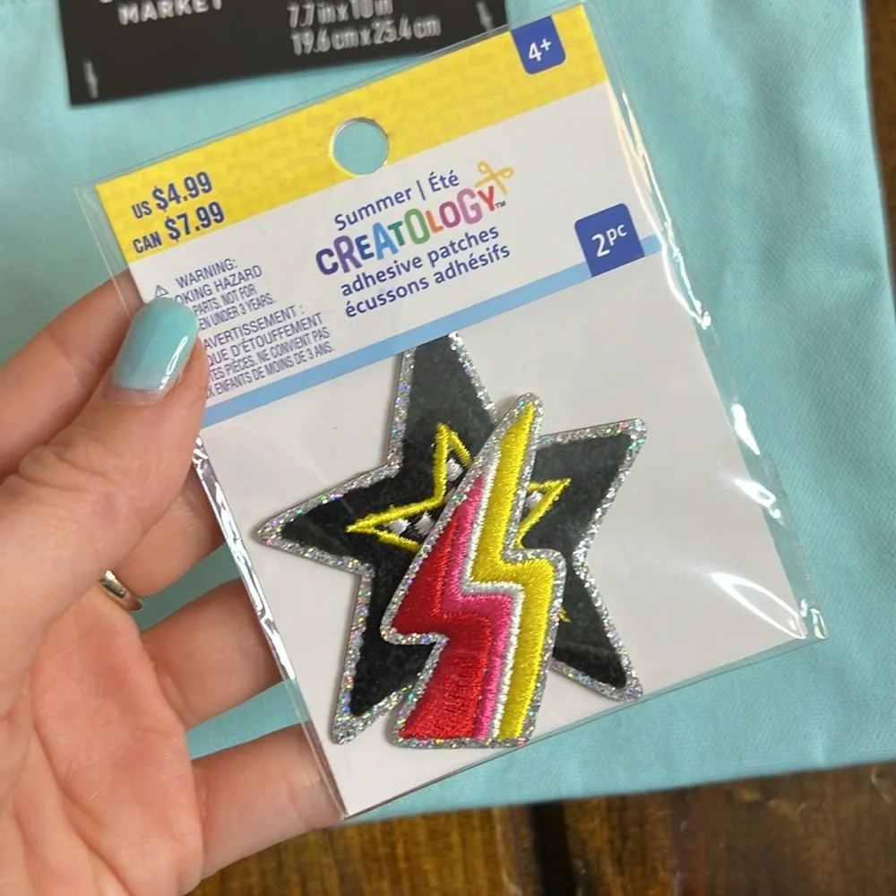 NWT Blue Cotton Pencil Pouch and‎ Iron On Patches- OS